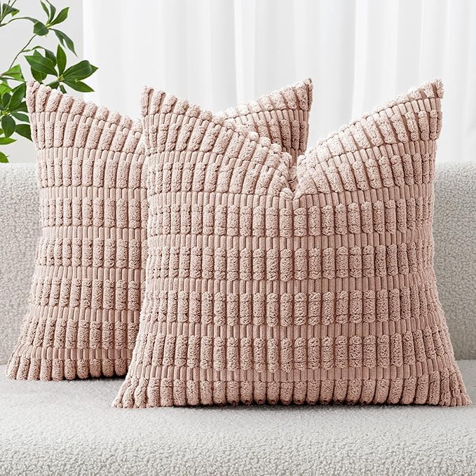 MIULEE Pack of 2 Corduroy Decorative Throw Pillow Covers 18x18 Inch Soft Boho Striped Pillow Covers Modern Farmhouse Home Decor for Sofa Living Room Couch Bed Pink Spring Valentine Decor