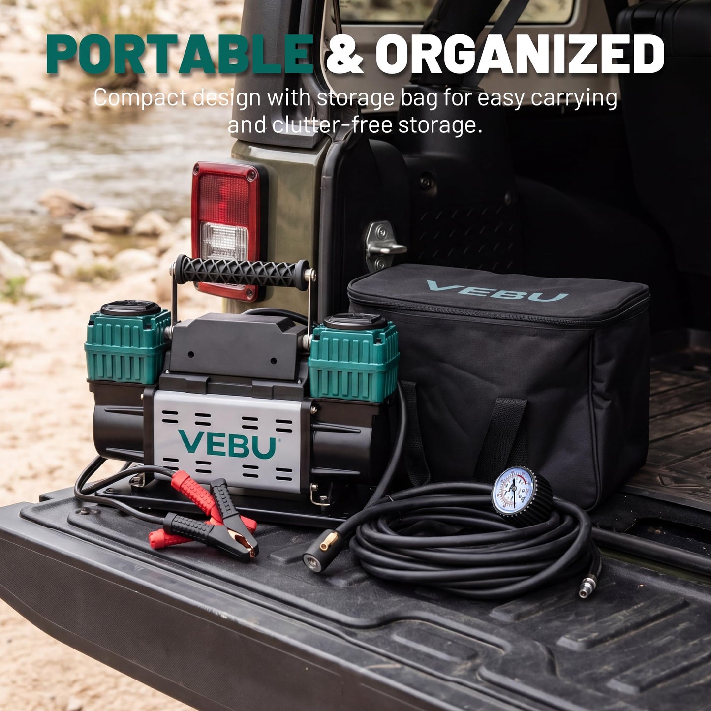 VEBU Heavy Duty Air Compressor 12V Tire Inflator, Dual Cylinder 125PSI with In-line Pressure Gauge, 10.6CFM Fast Inflation for Off-road Vehicles, Trucks, SUVs, RVs, ATVs, DC Power, Corded Electric