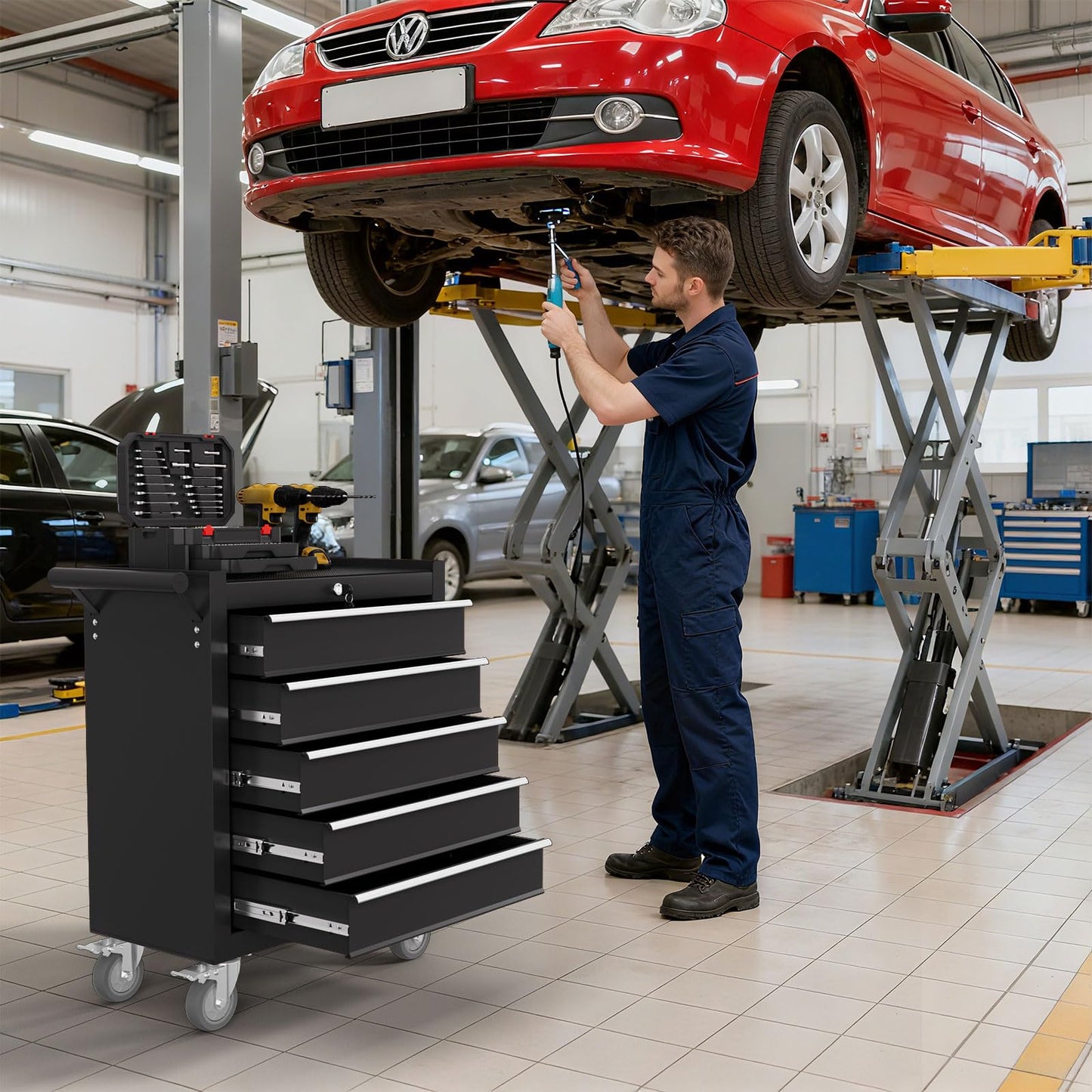 Yaciente 5-Drawer Tool Chest, Rolling Tool Box with Wheels, High Capacity Detachable Mobile Tool Storage Cabinet for Workshop, Garage, Mechanics and Repair Room (Black, 5-Drawer)