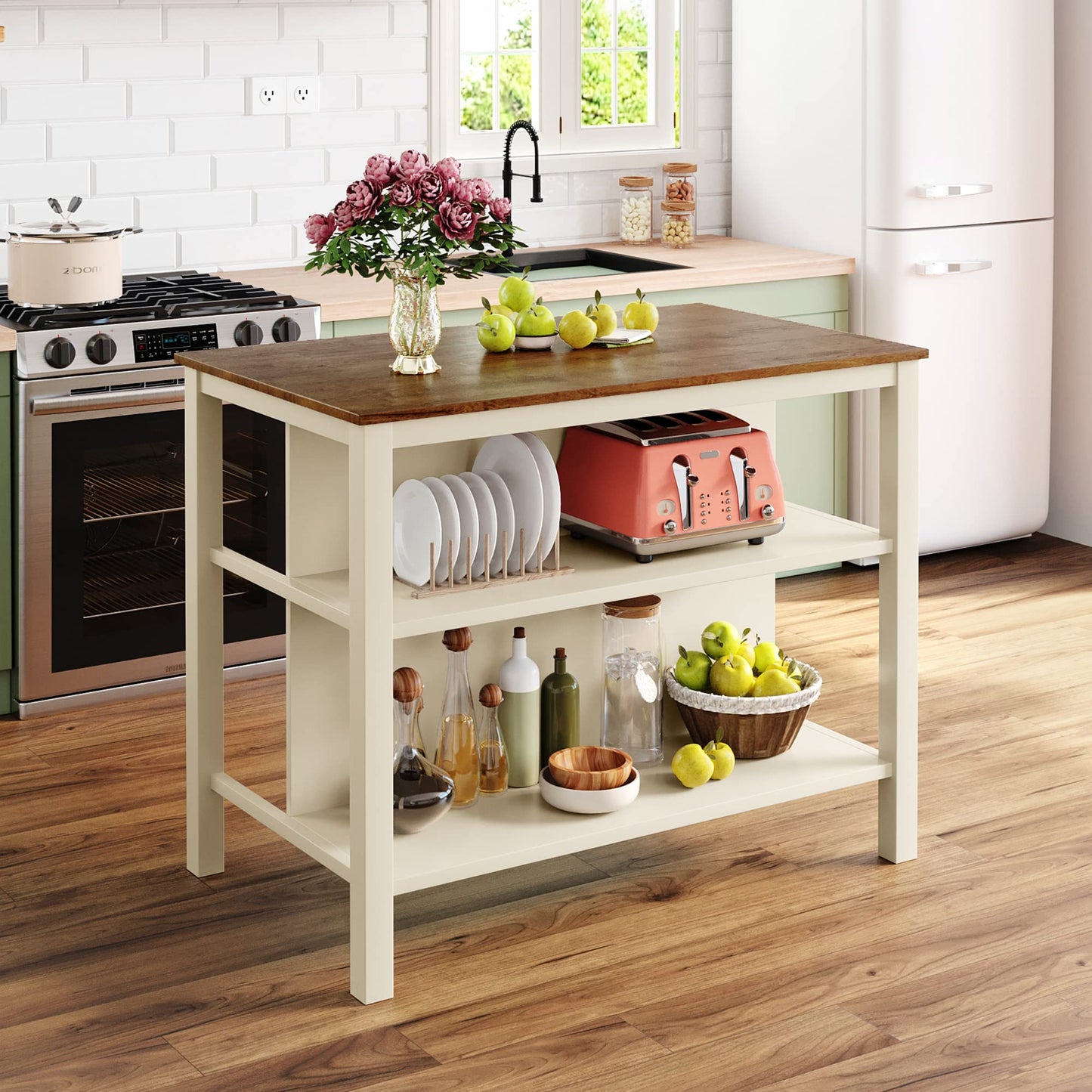 Polibi 3-Piece Kitchen Island Set with 2 Stools and 2 Shelves, Rustic Rubber Wood Dining Set Prep Table Set with Open Shelves for Small Places, Walnut+Cream White