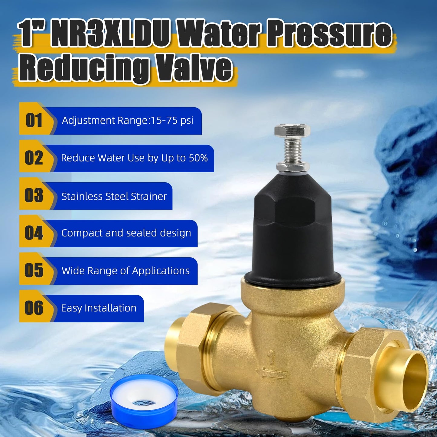 1-NR3XLDU 1" NR3XLDU Water Pressure Reducing Valve, 1" NR3XL with Double Union FNPT Connection,1 Inch NR3XLDU 15-75 PSI, Built-In Stainless Steel Strainer for Home, Commercial, Plumbing Applications