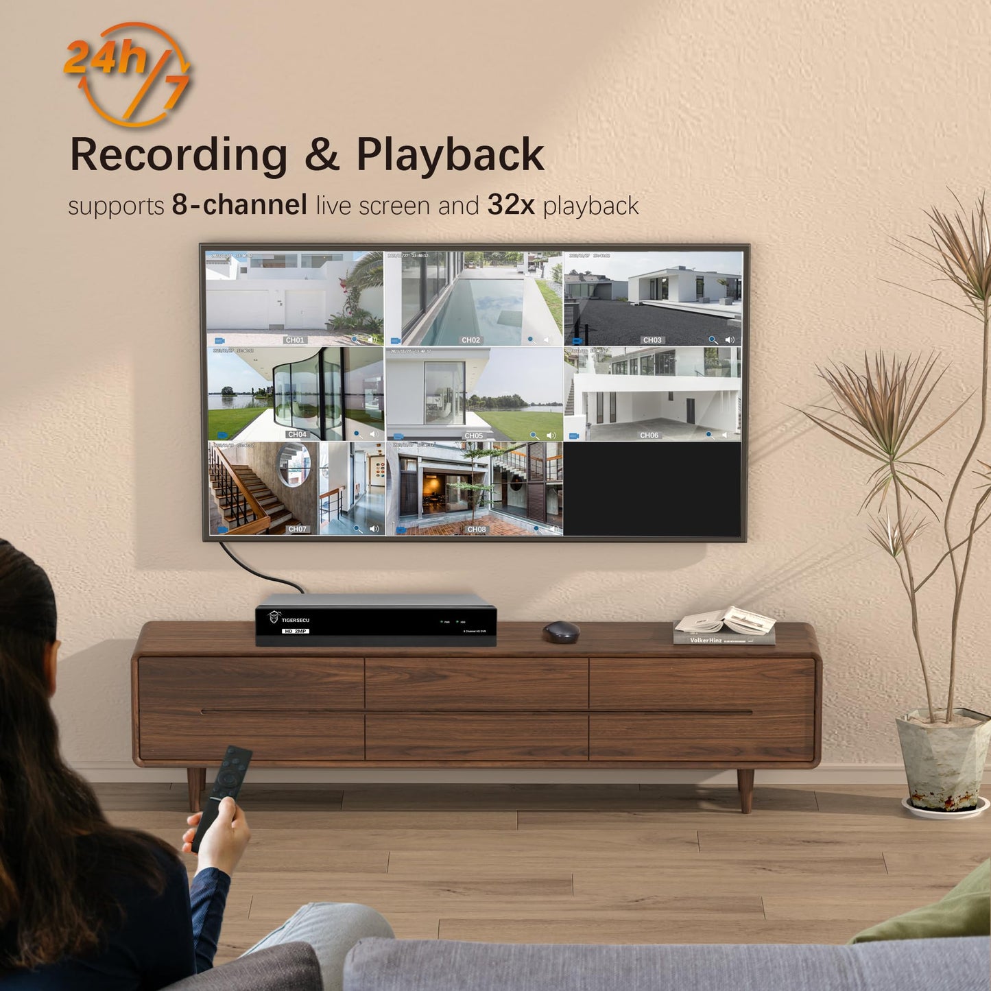TIGERSECU Super HD 1080P 8 Channel DVR Security Recorder with 2TB Hard Drive, Hybrid 6-in-1 CCTV DVR Recorder Compatible with 2MP and 5MP TVI, AHD, CVI, CVBS, RS485 PTZ and IP Security Cameras