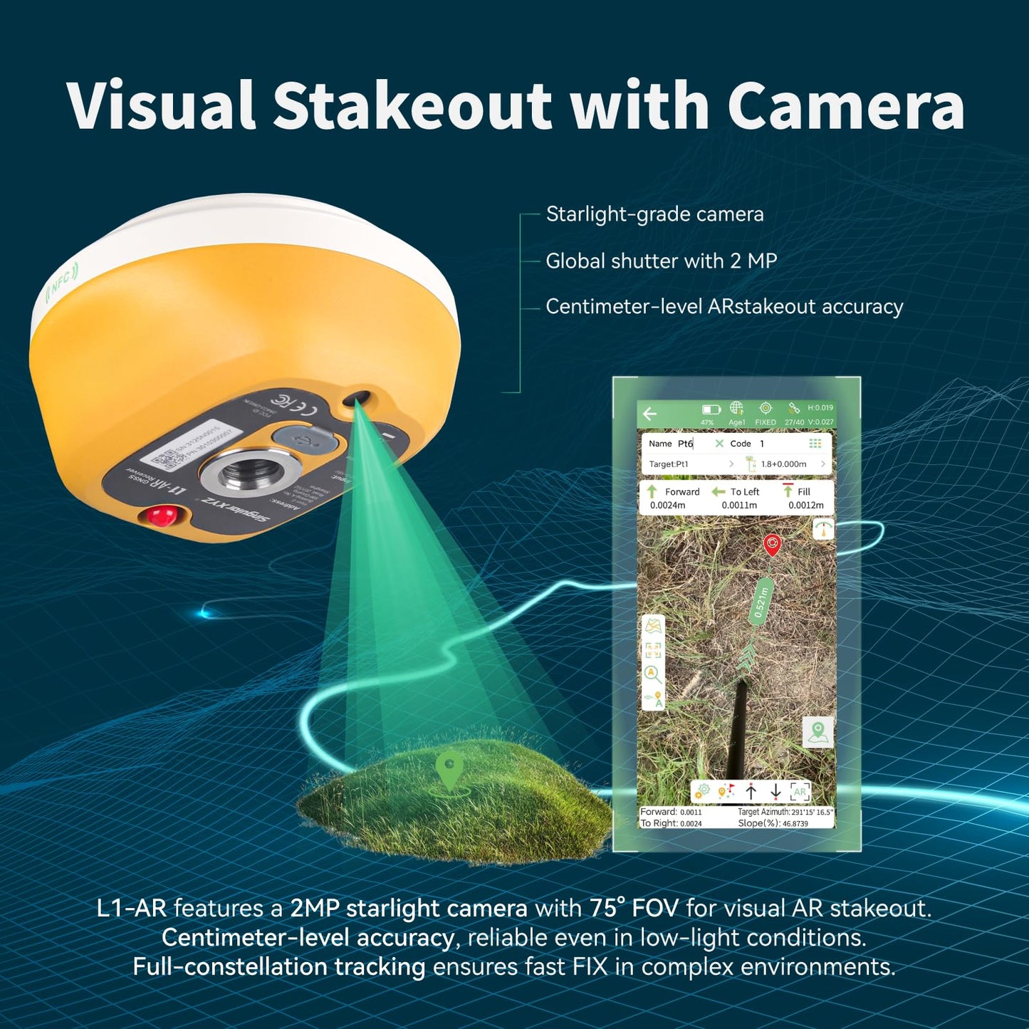 L1-AR GNSS RTK Rover – AR+ GNSS, GPS RTK Handheld Collector with Software & Visual Stakeout, Global Shutter with 2 MP, 2cm Accuracy, 15km UHF, 120° Tilt Survey | Professional Support