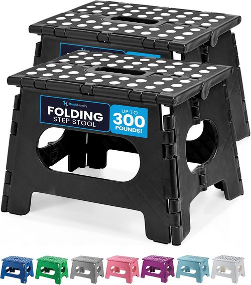 Handy Laundry Folding Step Stool - Lightweight & Sturdy for Adults and Kids - Easy One-Flip Design (Black | 2-Pack)