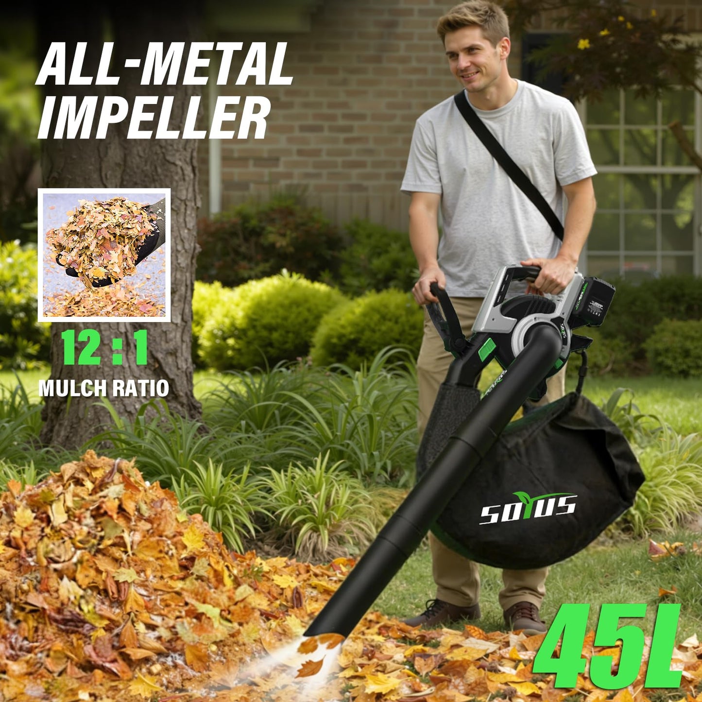 Cordless Leaf Blower & Vacuum SOYUS 3-in-1, Leaf Vacuum Mulcher 385CFM with Brushless Motor & 5 Speed Control, Electric Leaf Blower for Lawn Care, Included 45L Bag 2 x 20V 4.0Ah Battery and Charger