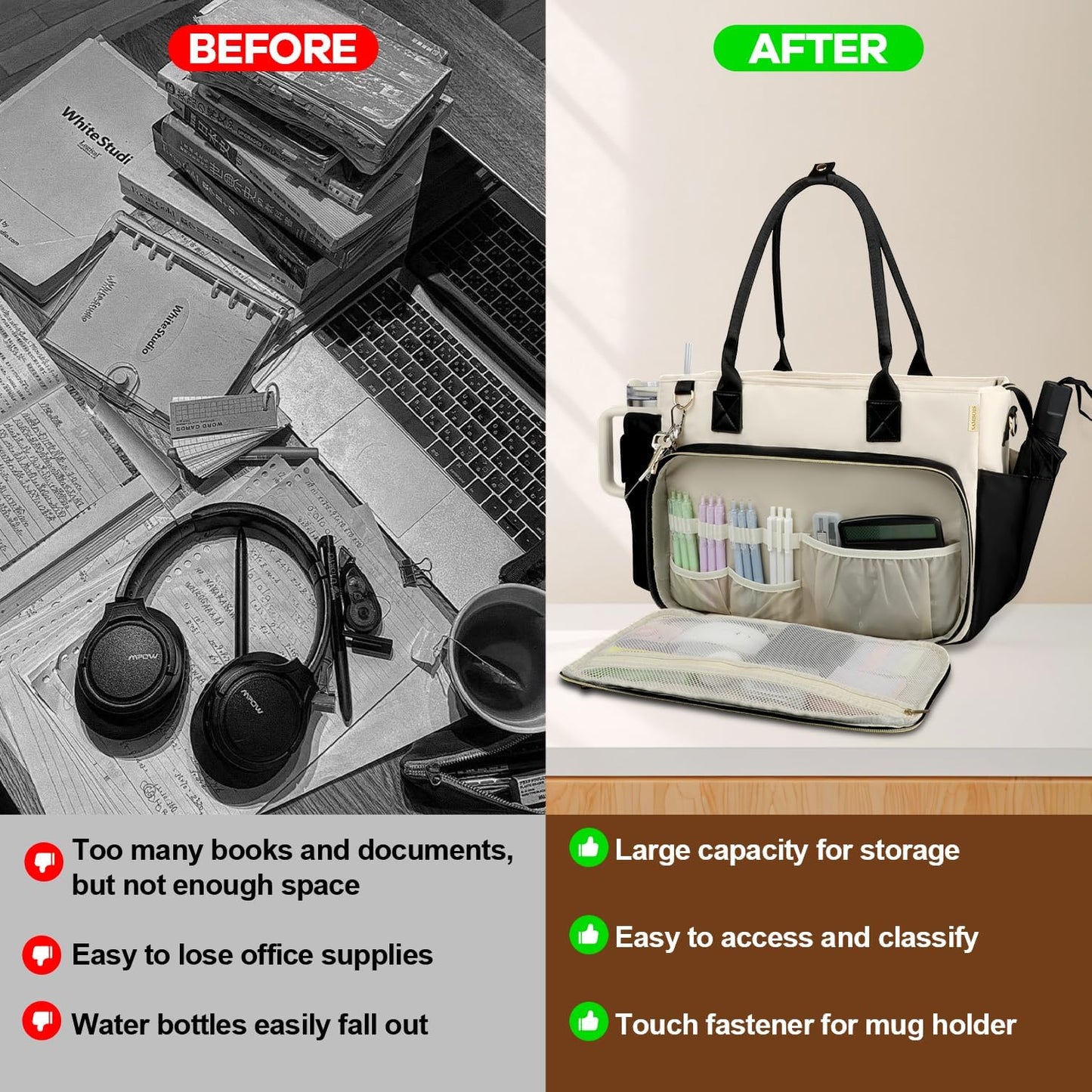 15.6 Inch Teacher Tote Bag for Women with Large Cup Holder& Laptop Compartment, Utility Work Tote Bag with Internal