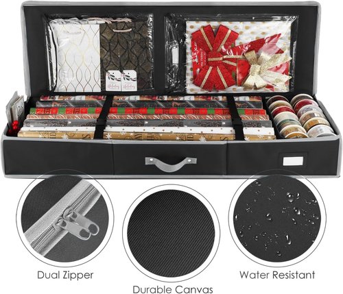 Hearth & Harbor Wrapping Paper Storage Container | Tear-Proof Organizer for Up to 22 Rolls - Christmas Design