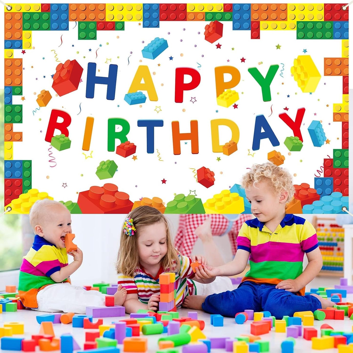 chiazllta 71 43 Building Blocks Happy Birthday Banner Colorful Blocks Birthday Party Decorations Backdrop Photography