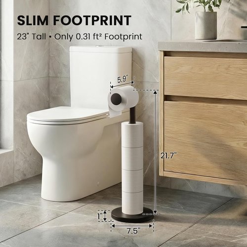 Cesun Toilet Paper Holder - Free Standing Matte Black Design with Heavy Weighted Base | Stainless Steel Storage