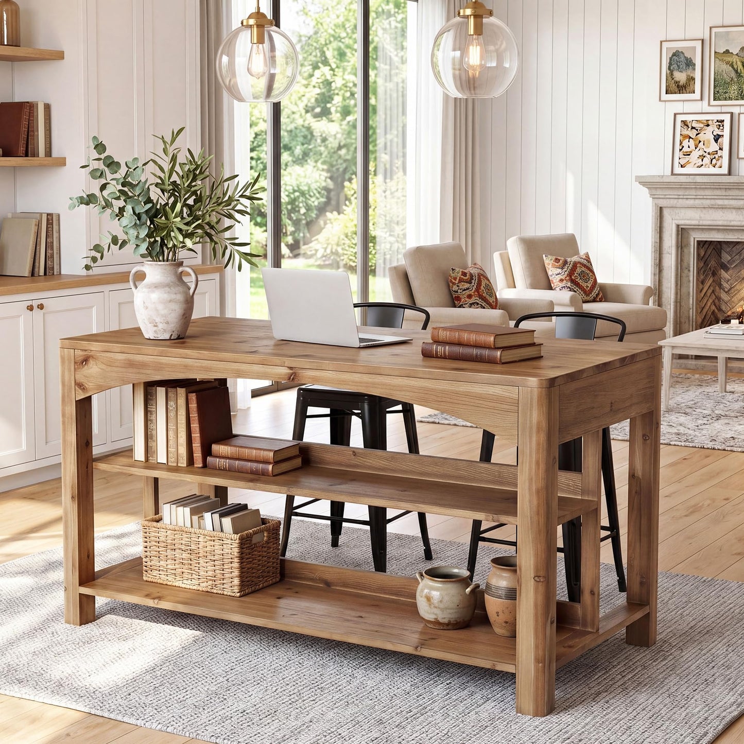 TRIBEWOOOD 59 Inches Kitchen Island with Storage, 3-Tier Solid Wood Stationary Island Table with Open Shelves, Large Prep Table for Kitchen Dining Room, Rustic Brown