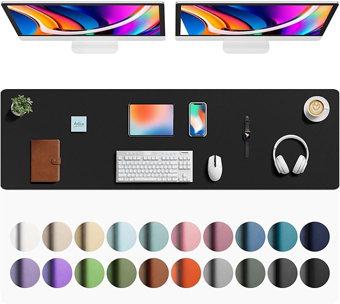 Aothia Faux Leather Desk Mat - Large Mouse Pad, Non-Slip PU Leather Blotter, Waterproof Writing Surface for Office and Home (Black, 63" x 17")