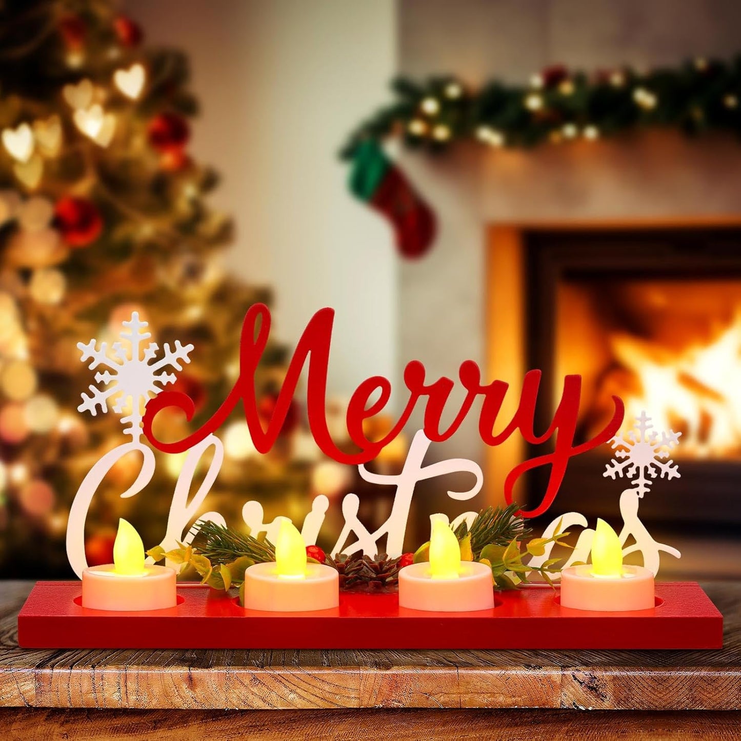 Rossesay Flameless Tea Light Candle Stand - Merry Christmas Table Centerpiece Decoration | Holiday Gift