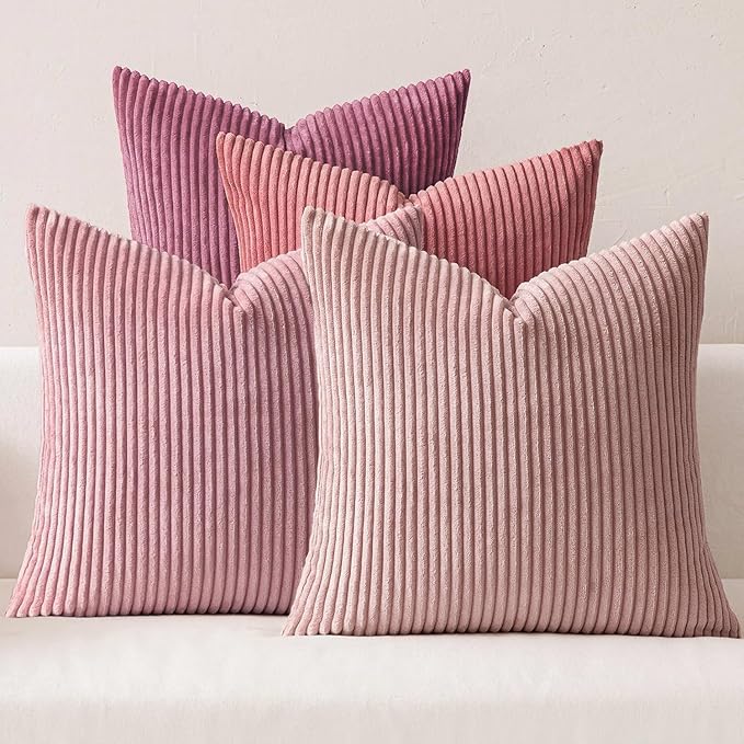 MIULEE Pack of 4 Purple Pink Valentines Corduroy Decorative Throw Pillow Covers 20x20 Inch Soft Boho Striped Pillow Covers Modern Farmhouse Spring Home Decor for Sofa Living Room Couch Bed