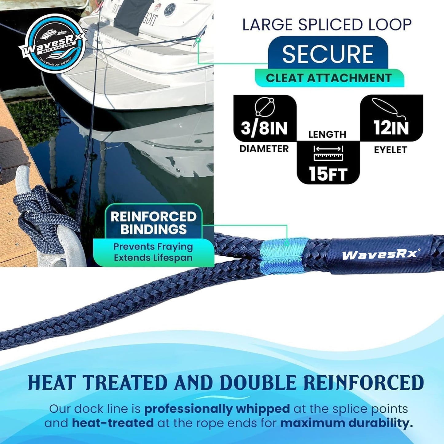 Premium Nylon Boat Dock Lines & Ropes for Docking 3/8'' x 15' | Double Braided Marine Rope & Mooring Line| Boat Ropes for Docking with Loop | UV & Saltwater Resistant Dock Ropes for Boats & Pontoons