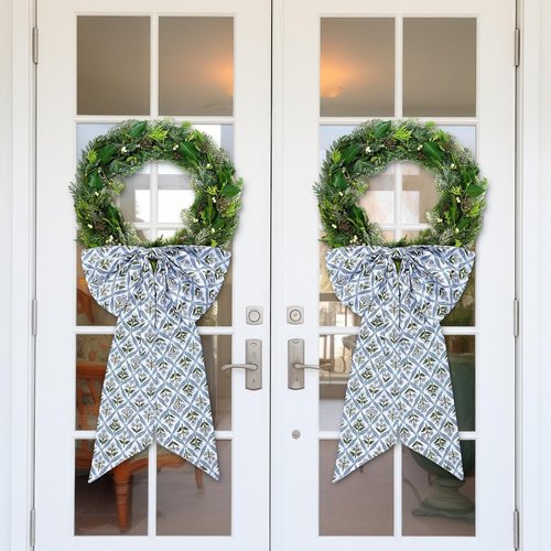 HunnmingRe Blue Block Print Bow Wreath Sash - 24 x 16 Inch Christmas Door Decor for Indoor/Outdoor Use