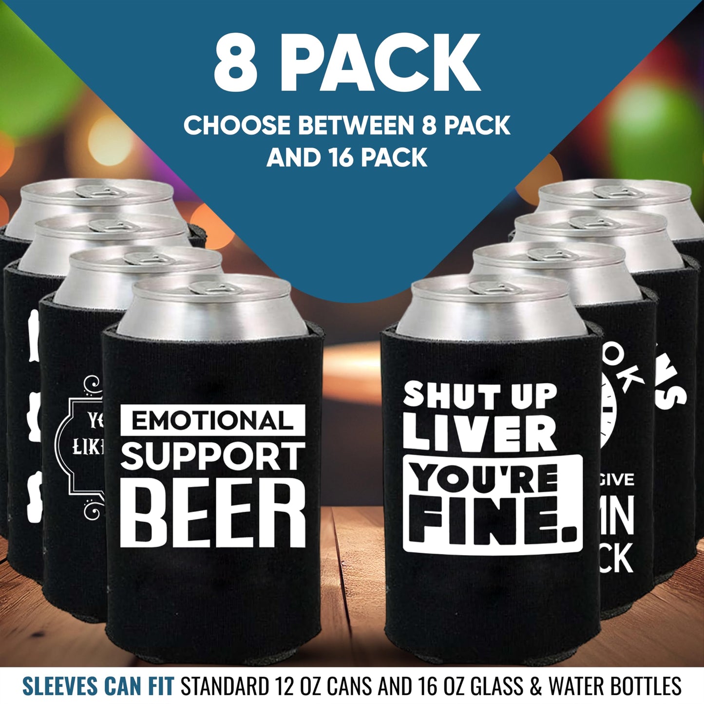 Funny Beer Party Sayings Can Sleeve Cooler Insulated Drink Coozies Soda Beer Hugger Coolies (Black, 8 Pk)