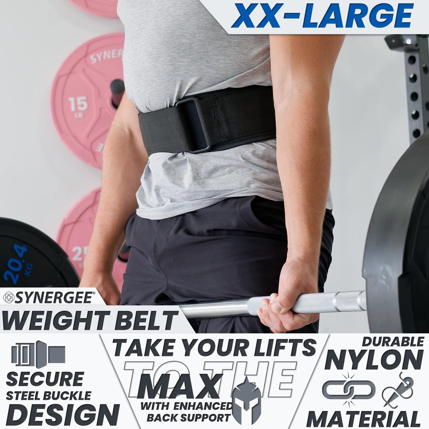 Synergee Weightlifting Belt 5” Padded Support for Squats Deadlifts Powerlifting & Cross Training - XX-Large