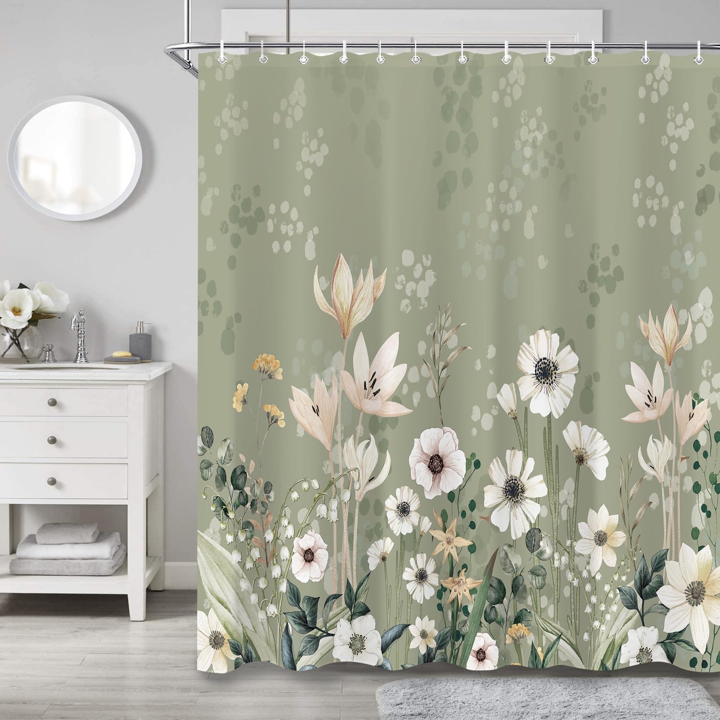 oolygoo Green Boho Floral Shower Curtain 60"X72" Flower Shower Curtain Set for Bathroom Plant Botanical Leaves Chic Pretty Waterproof Bathtub Curtain Decor Wildflower Bathroom Curtain with 12 Hooks