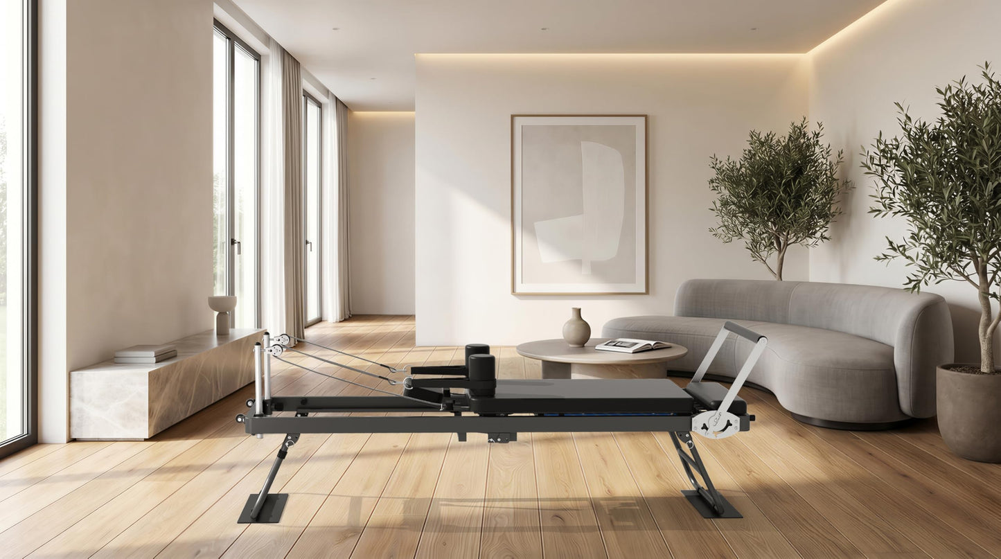Foldable Pilates Reformer Machine for Home Gym, 77.5'' Pilates Reformer Bed with 5 Adjustable Resistance Bands, Upgraded Rope Adjuster System Supports 400lbs, Professional Pilates Equipment