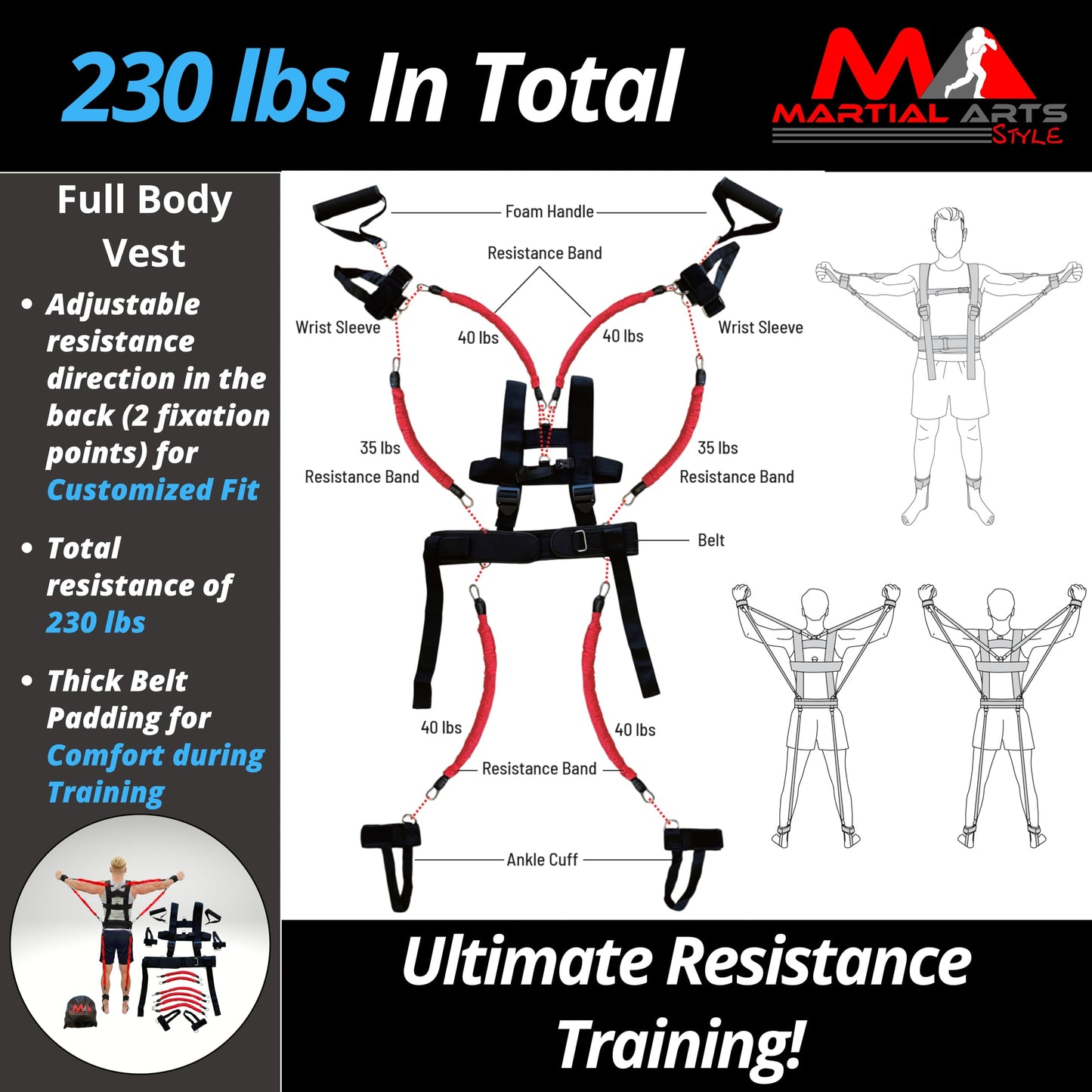 Ultimate Full Body Boxing Resistance Bands Vest for MMA Martial Arts Training at Home for Punches/Kicks, 230lbs Exercise Bands Fitness Workout to Enhance Explosive Power/Speed/Agility (Red)