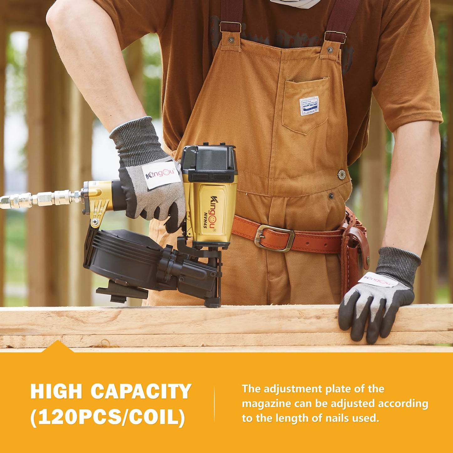 Kingou NVH45 Roofing Nailer Gun For Roofing Constructions Accepts 7/8-Inch to 1-3/4-Inch Nails 15 Degree With 3/8 NPT Air Connector 120-pcs Load Capacity Roofing Nailer
