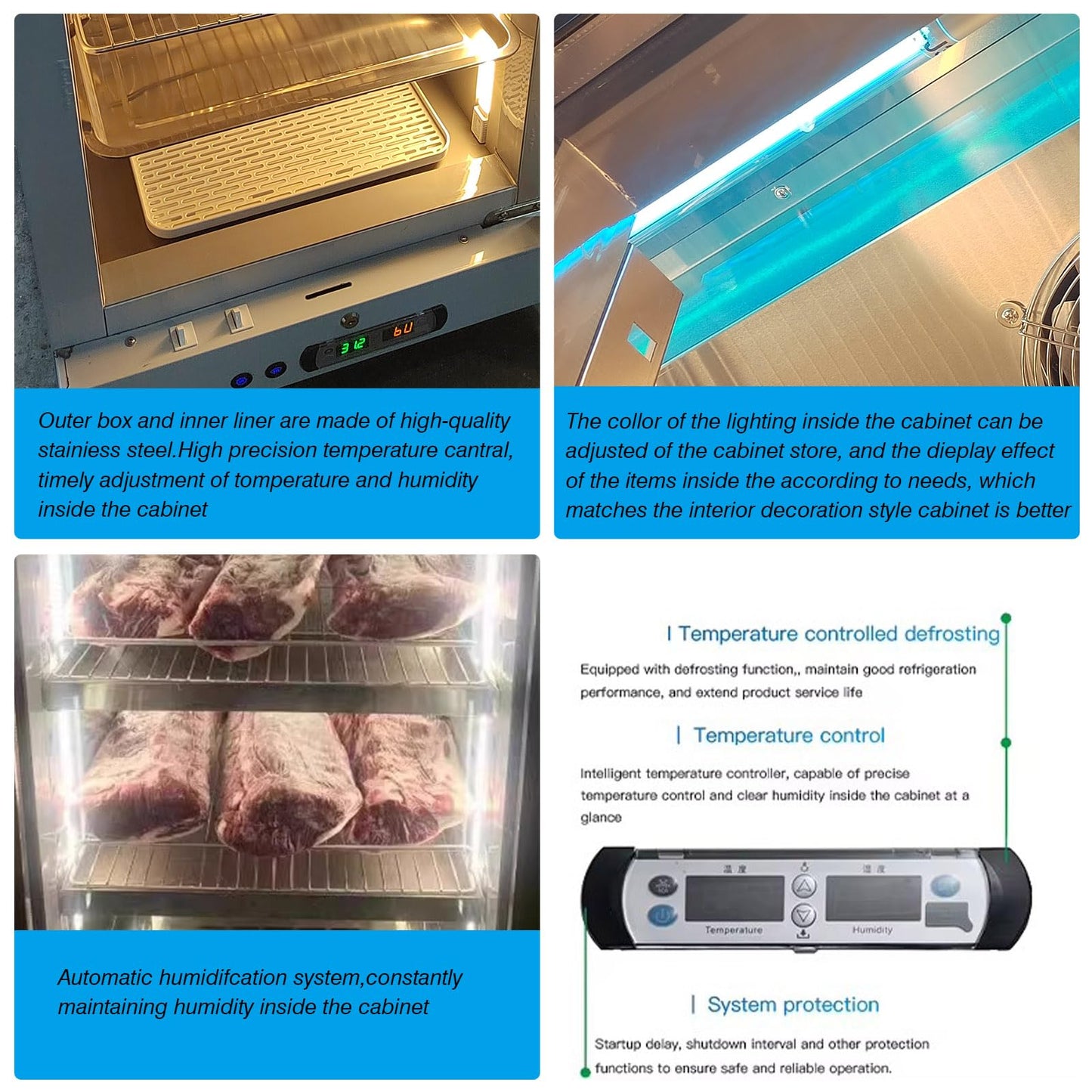 Kolice Commercial Beef Aging Showcase Freezer, Dry Aging Beef Fridge and Cabinet, Steak Aging Machine,Commercial Steak Ager-168L, 3 Tiers, Smart Temperature and Humidity Controller
