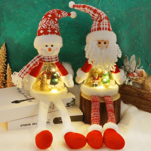 Juegoal Lighted Christmas Santa & Snowman Figurines - 24" Handmade Tabletop Ornaments with Miniature Scenes