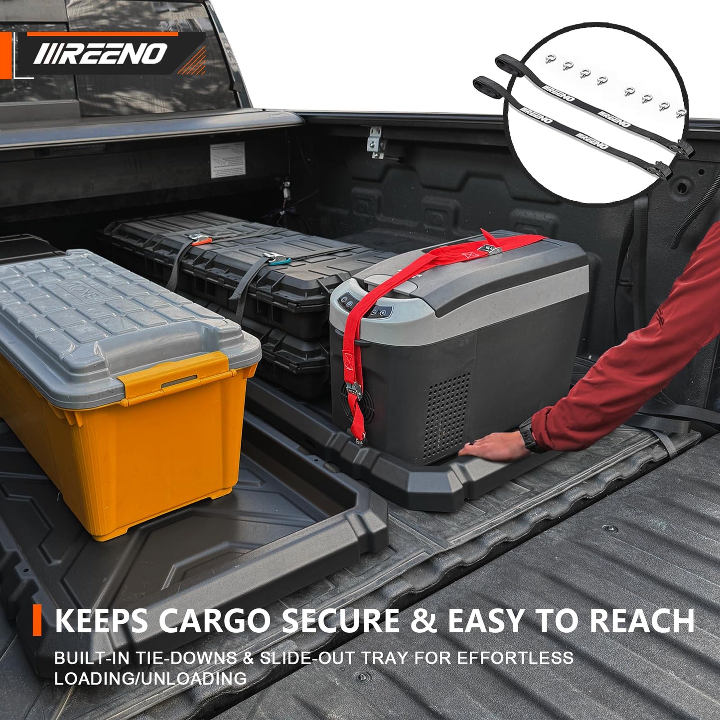 IIIREENO Slide-Out Truck Bed Organizer Tray (2-pack), Heavy Duty Cargo Storage System with Easy Tailgate Access, Fits 5'7" & Longer Beds, Durable HDPE Material, No Drilling