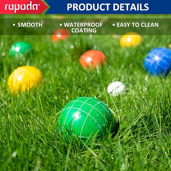 ropoda 100mm Bocce Ball Set Regulation Size and Weight with 8 Resin Bocce Balls, 50 mm Pallino, Carrying Bag, Measuring Rope, Backyard/Lawn/Beach/Outdoor, Bocci Games (Multi Colors, 2-8 Players)