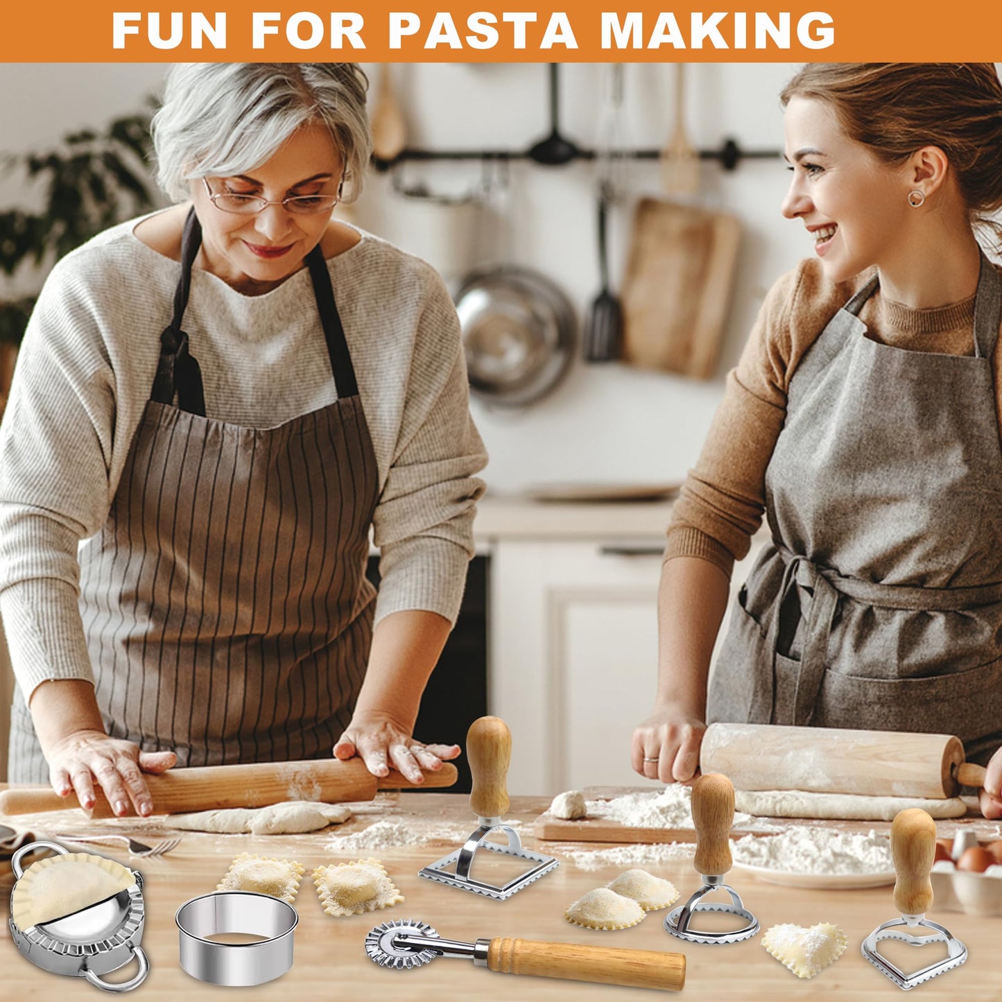 Ravioli Pasta Maker Cutter with Roller Wheel (Set of 6), Ravioli Cutter Set with Wooden Handle, Ravioli Press Dumpling Maker Tools for Ravioli, Empanada, Lasagna, Pierogi
