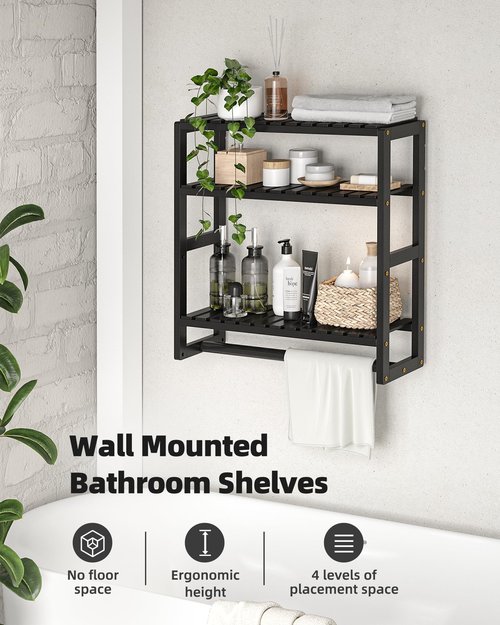 Galood Bathroom Shelves Towel Racks Over Toilet Storage with Towel Bar 3 Tier Floating Wall Mounted Space Saving Bamboo Paper Holder for Bathroom Laundry Room Kitchen Organizers (Black)