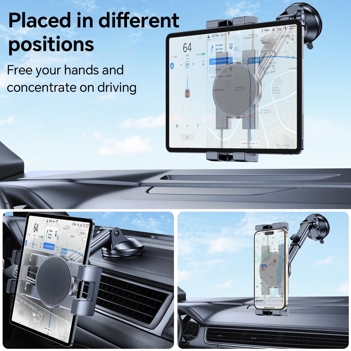 Tablet Holder for Car iPad Holder for Car【Windshield+Dash】Suction Cup ipad Mount for Truck Stand【360° 】Tablet Car Mount soporte de telefono para carro for All 4.7"-12.9" Apple iPad Samsung Galaxy Tab