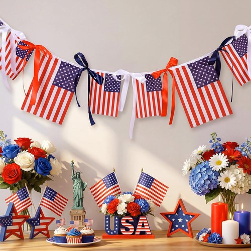Chumia 4th of July American Flags Ribbon Banner - Patriotic Mantel Decoration | 6.56 ft for Indoor/Outdoor Use