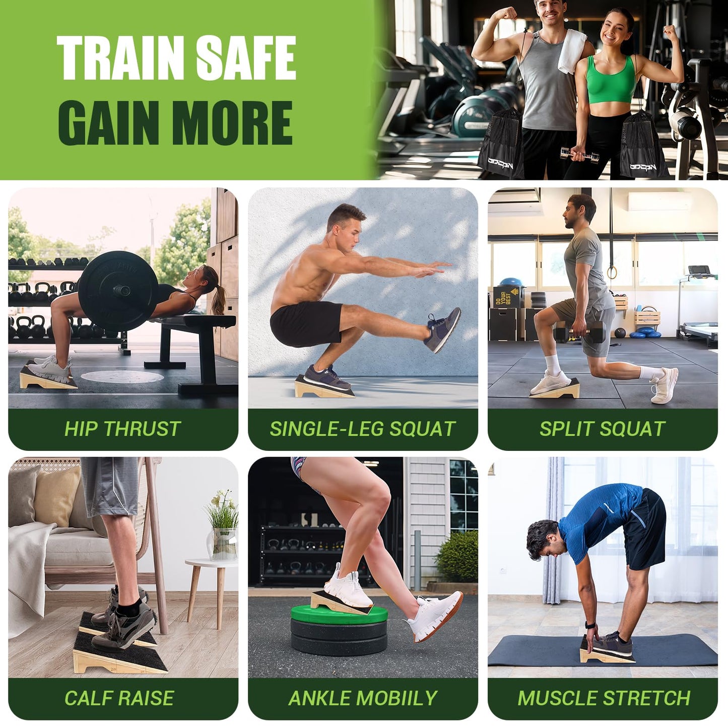 Squat Wedge Block, 2 Pcs Non-Slip Wooden Squat Wedge for Heel Elevation & Weightlifting with Training Poster & Storage, 1800 Lbs Capacity Exercise Slant Board for Calf Stretching & Ankle Mobility