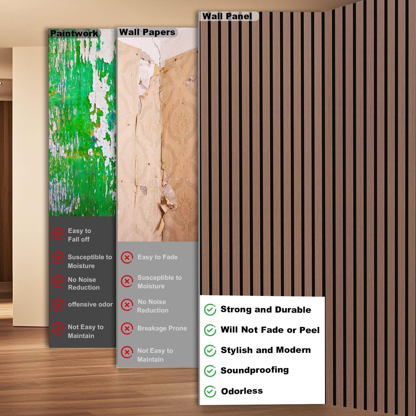 Fivaz 6 Pcs 94" × 11" Wood Panels for Wall, Soundproof Wood Slat Wall Paneling, Stylish Decor Acoustic Wall Panels for Wall and Ceiling, Odor-Free & Easy to Install, Dark Walnut