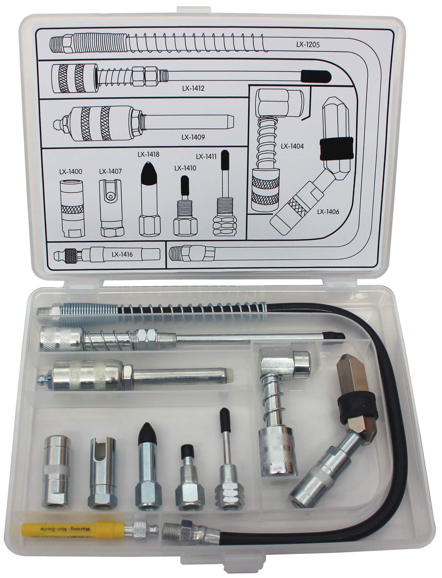Lumax LX-1470 Silver Lubrication Accessory Kit, 11-Piece. Kit Contains 11 of Lumax’s Most Popular lube Accessories. Organize and Store in Convenient Storage case.