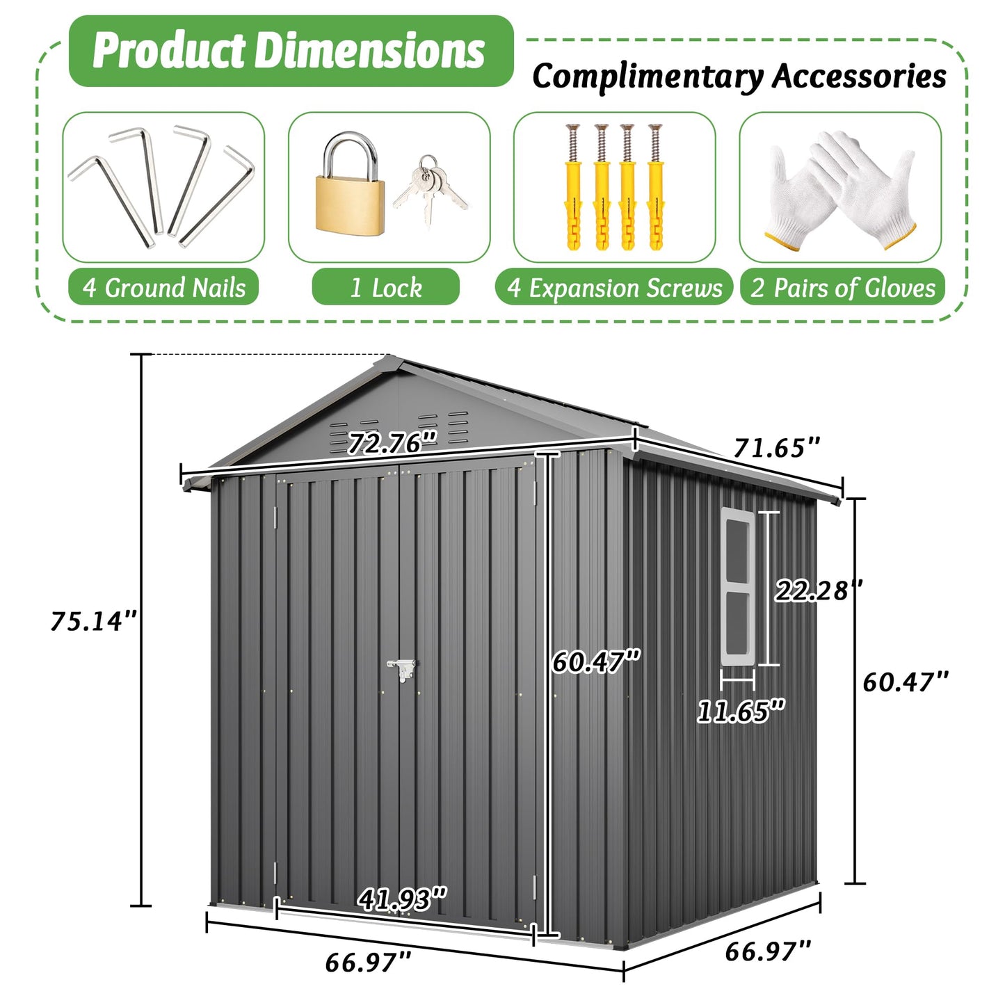 6x6 FT Outdoor Storage Shed with Lockable Doors & Sloping Roof & Clear Window, Galvanized Steel Metal Garden Tool Shed for Backyard, Patio, Poolside