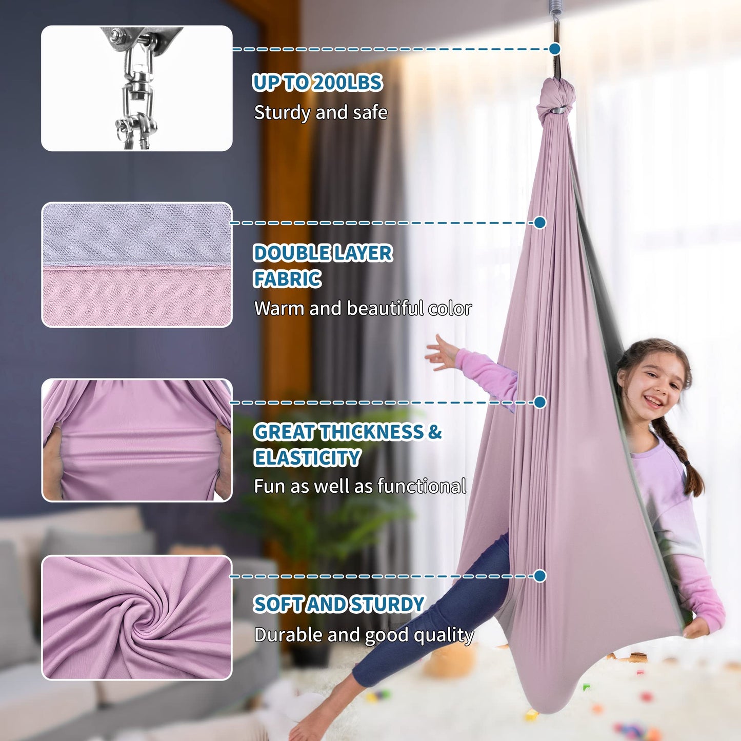 OUTREE Sensory Swing, Double Layer Therapy Swing with 360° Swivel Hanger, Healing & Relaxing Cuddle Sensory Swing for Kids and Adults with Autism, ADHD, Sensory Processing Disorder(Pink and Gray)