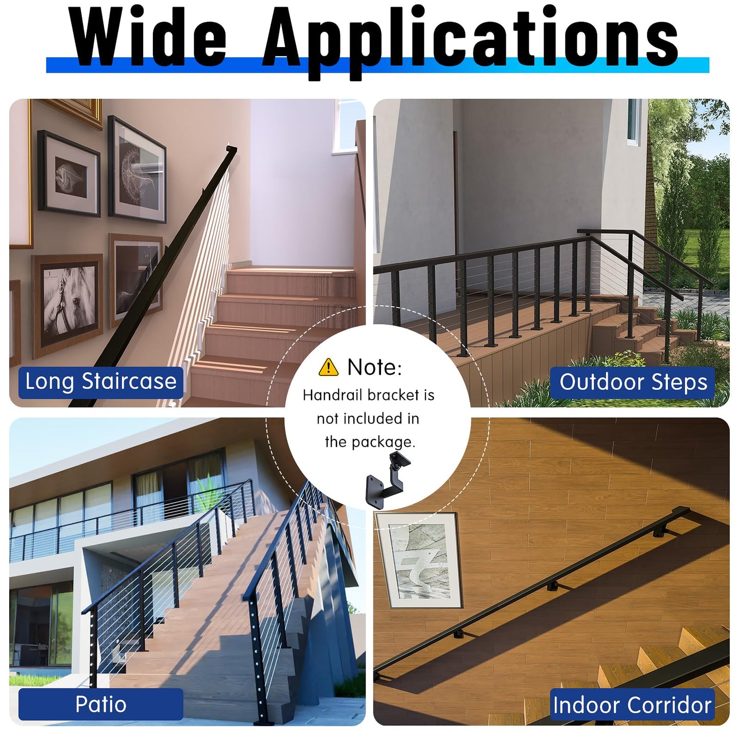 Dawn Railing 2 Pack 6'6" Black Rectangle Cable Railing Handrail 1"x2" Stainless Steel Handrail, Modern & Durable Flat Top Rail Black Powder Finishing Surface for Cable Railing System Kit Deck Stair