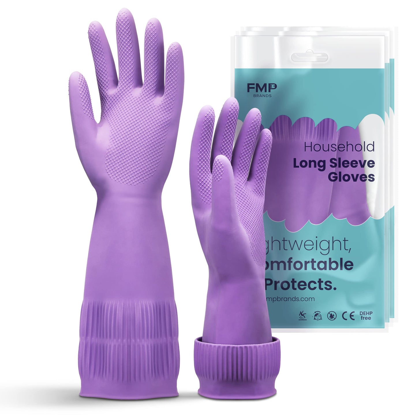FMP Brands Dishwashing Gloves, 12 Pairs, 15 Inch Extra Long Rubber Gloves for Washing Dishes, Non-Slip Design, Medium, Purple