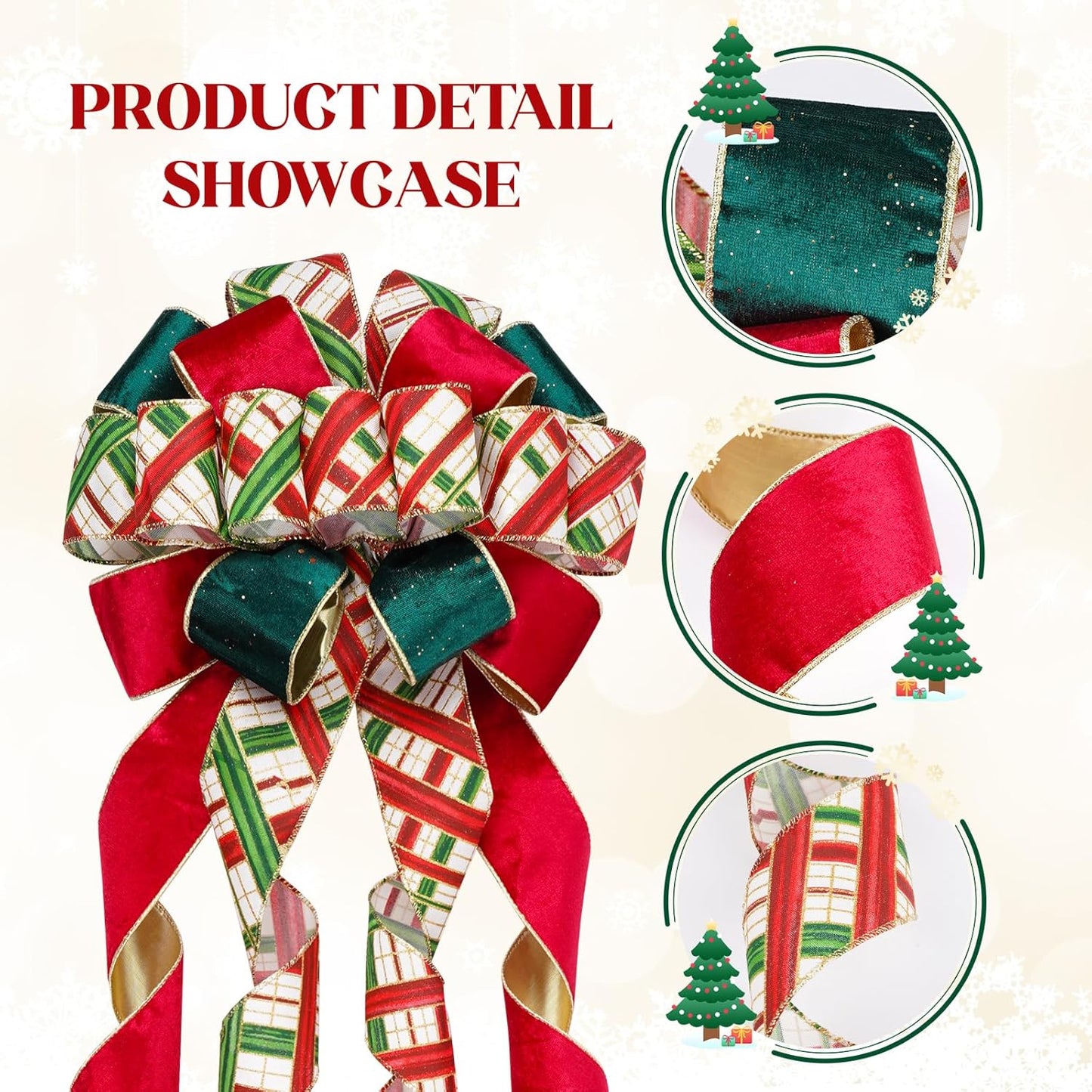 Skiennix Christmas Tree Topper Bow - 13" Large Velvet Red & Green Buffalo Plaid Decoration for Holiday & Festive Parties