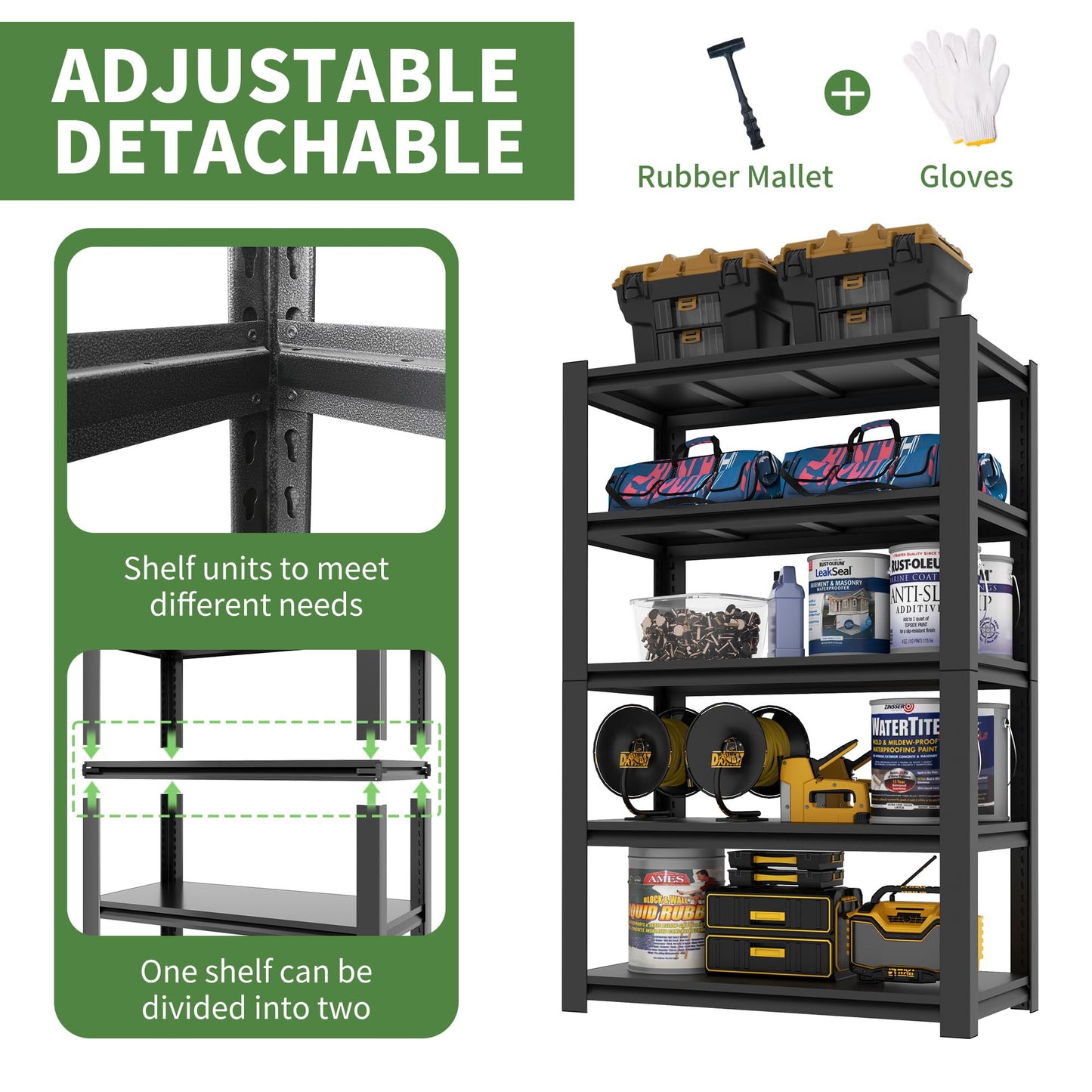VIYET Garage Shelving,72" H Garage Shelves Heavy Duty, 3000Lbs 5 Tier Adjustable Garage Storage Shelves Suitable for Warehouse, Basement, Workshop,Require Assembly, 24" D*48" W *72" H(Black)
