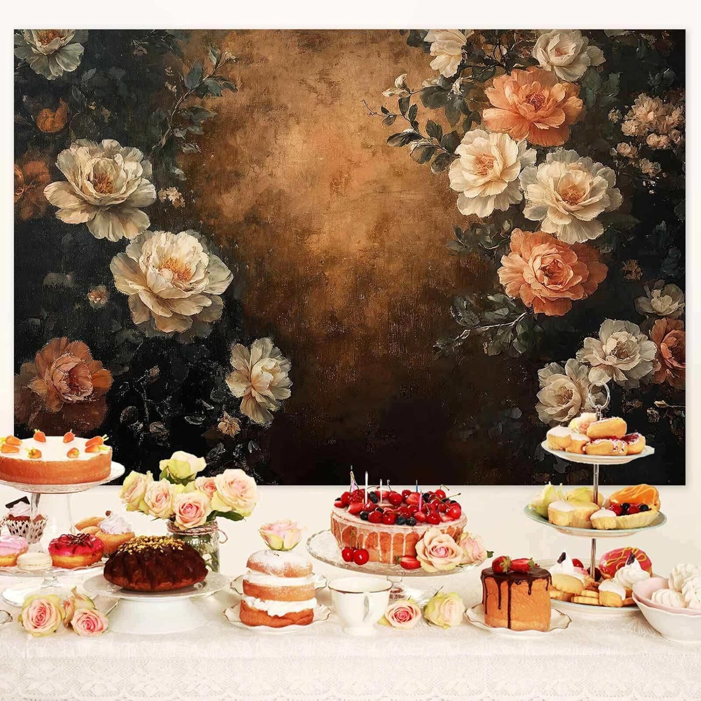 Drgilau 12X10ft Brown-2 Vintage Floral Photography Backdrop, Retro Oil Painting Flowers Photography Backdrop Abstract