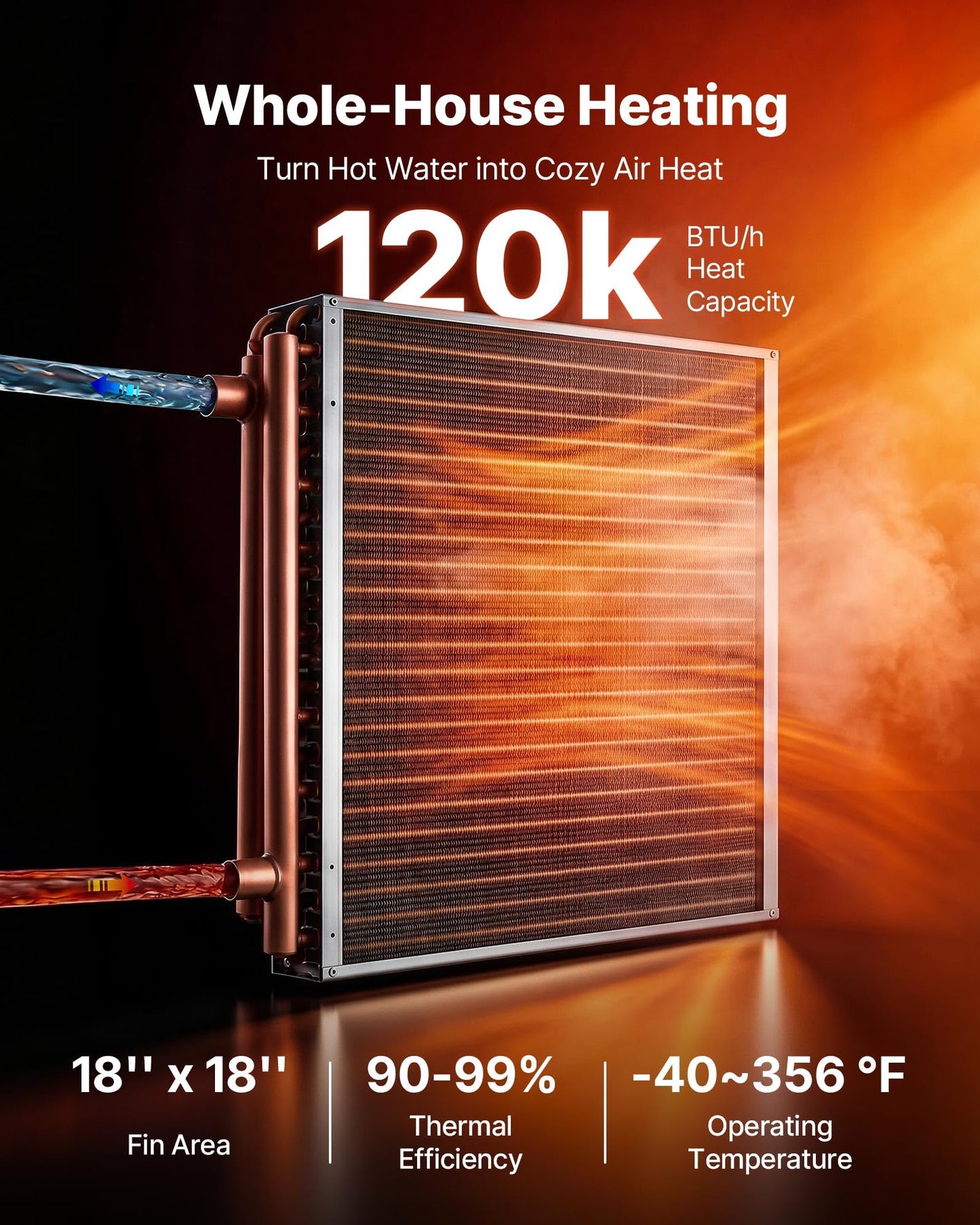 VEVOR Water to Air Heat Exchanger, 18 x 18 in Finned Tube HVAC Heat Exchanger Coil with Copper Tubes & Aluminum Fins, 120K BTU Output for Outdoor Wood Furnace, Hydronic Heating & Cooling Systems