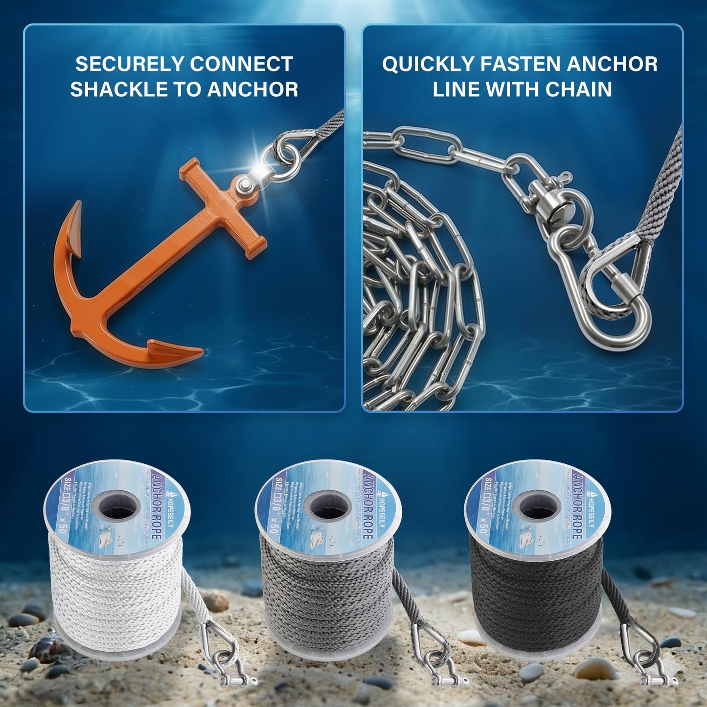 HOPESEILY 3/8 x 50FT Boat Anchor Rope, Premium Solid Braid MFP Marine Line with Stainless Steel Thimble & Shackle for Boats Jet Ski Yacht Dock, Heavy Duty (Grey)