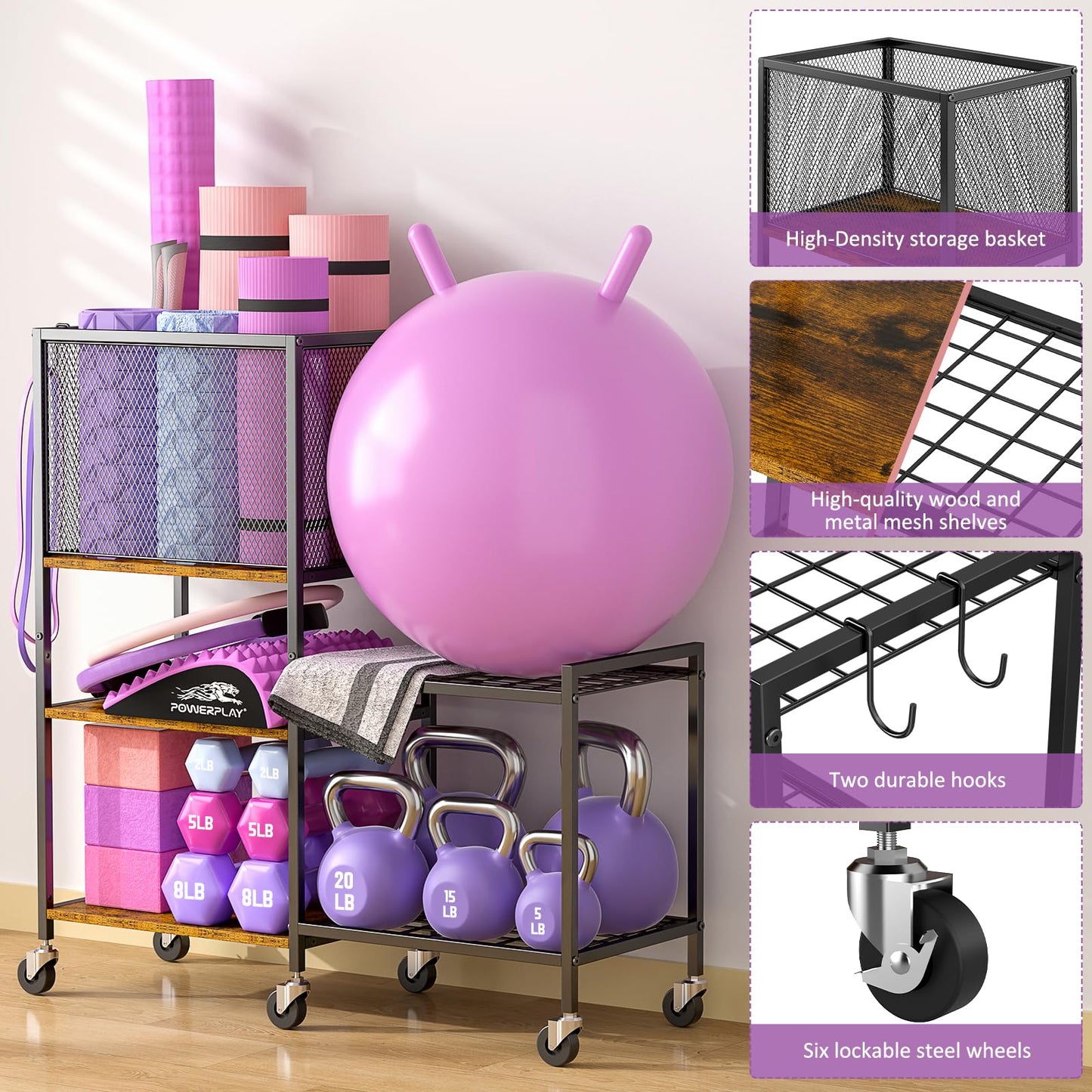 5 Tier Dumbbell Rack, Yoga Mat Storage Holder, Home Gym Storage Rack, Workout Equipment Storage Organizer, Weight Storage Holder Rack with Hooks and Wheels