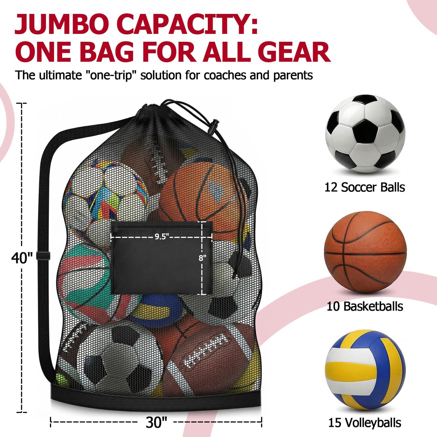 Tavirela Extra Large Mesh Ball Bag with Pocket, Holds 13 Soccer Balls, 10 Basketballs, Heavy Duty Drawstring Net Bag, Team Coaches Sports Equipment Storage Duffle Sack for Volleyball, Swimming Gear