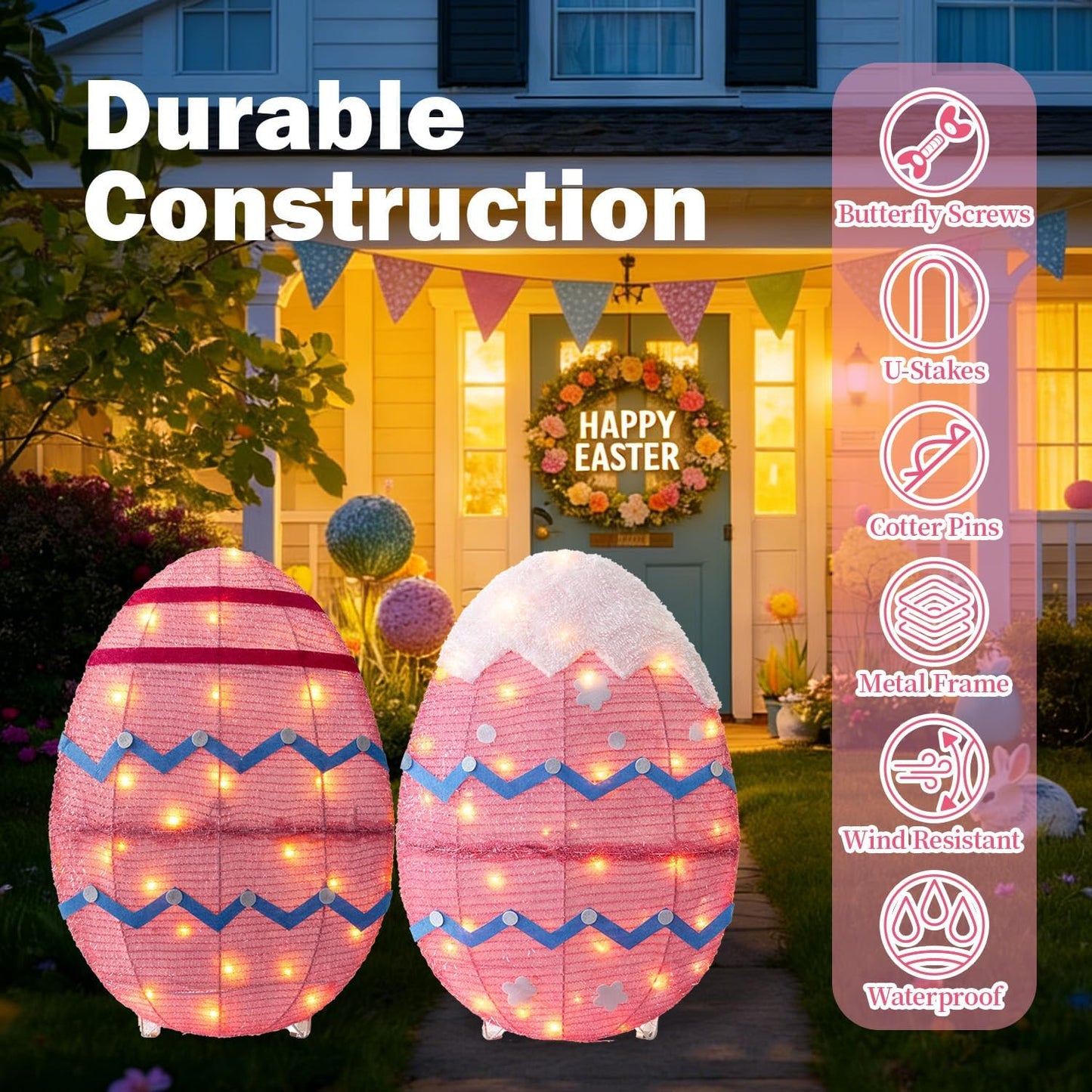 Skiennix Outdoor Easter Decorations - Set of 2 Lighted Metal Eggs, 34 Inch, Plug-In LED Lights for Lawn & Garden