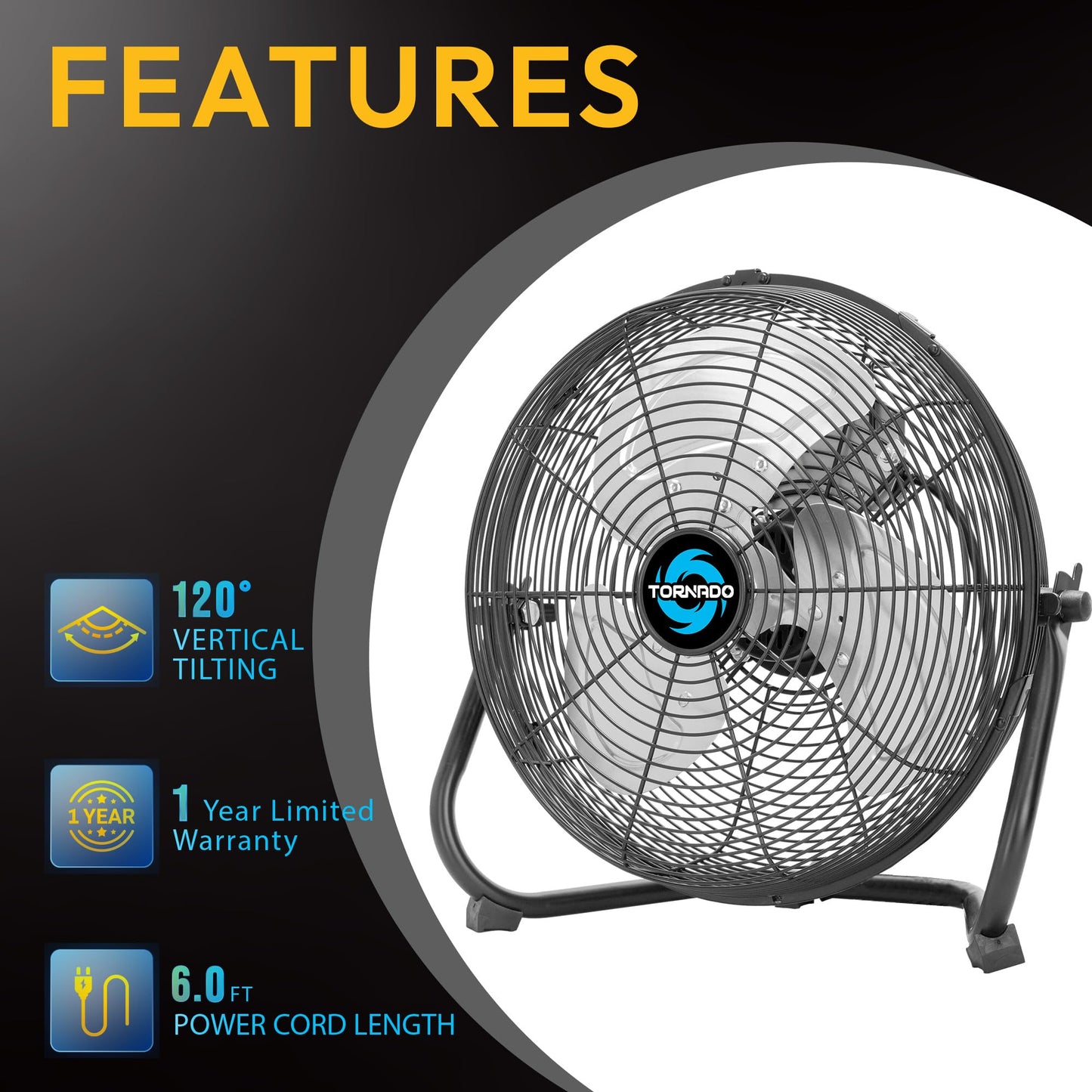 Tornado 18 Inch Powerful Industrial Floor Fan, 3-Speed High Velocity Metal Fan, 120° Adjustable Tilt, 6.0 FT Cord for Commercial and Home Use, Black