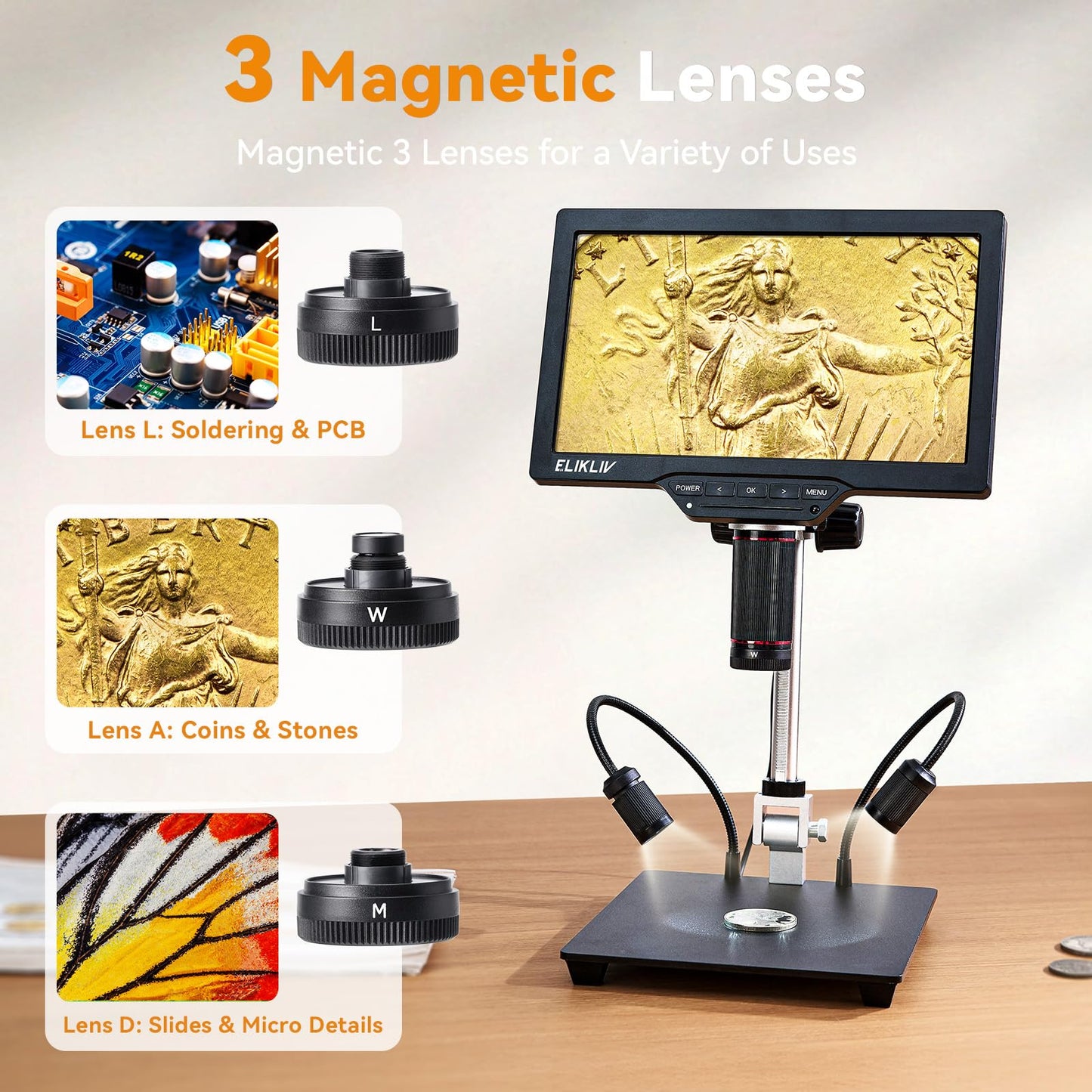 Elikliv 4K Digital Microscope 3-Lenses: Magnetic Triple Lens Soldering TL301 with 7" IPS Screen+4K Digital Microscope, Elikliv EM4K 8" Coin Microscopes 2000x